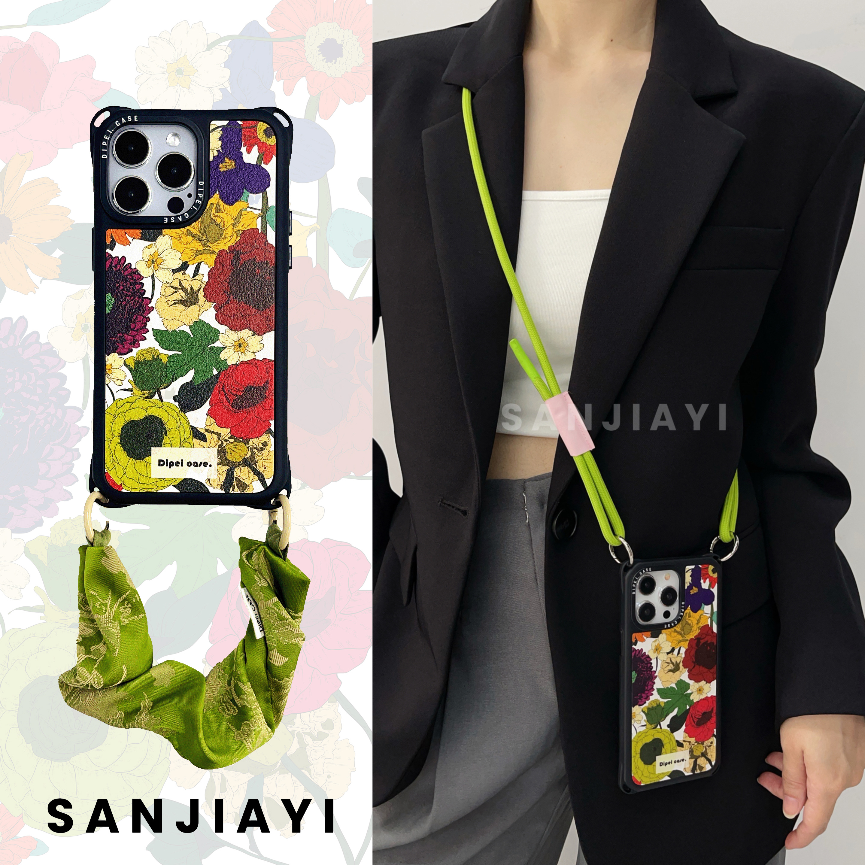 日韩高级艺术自然花带挂绳手机壳