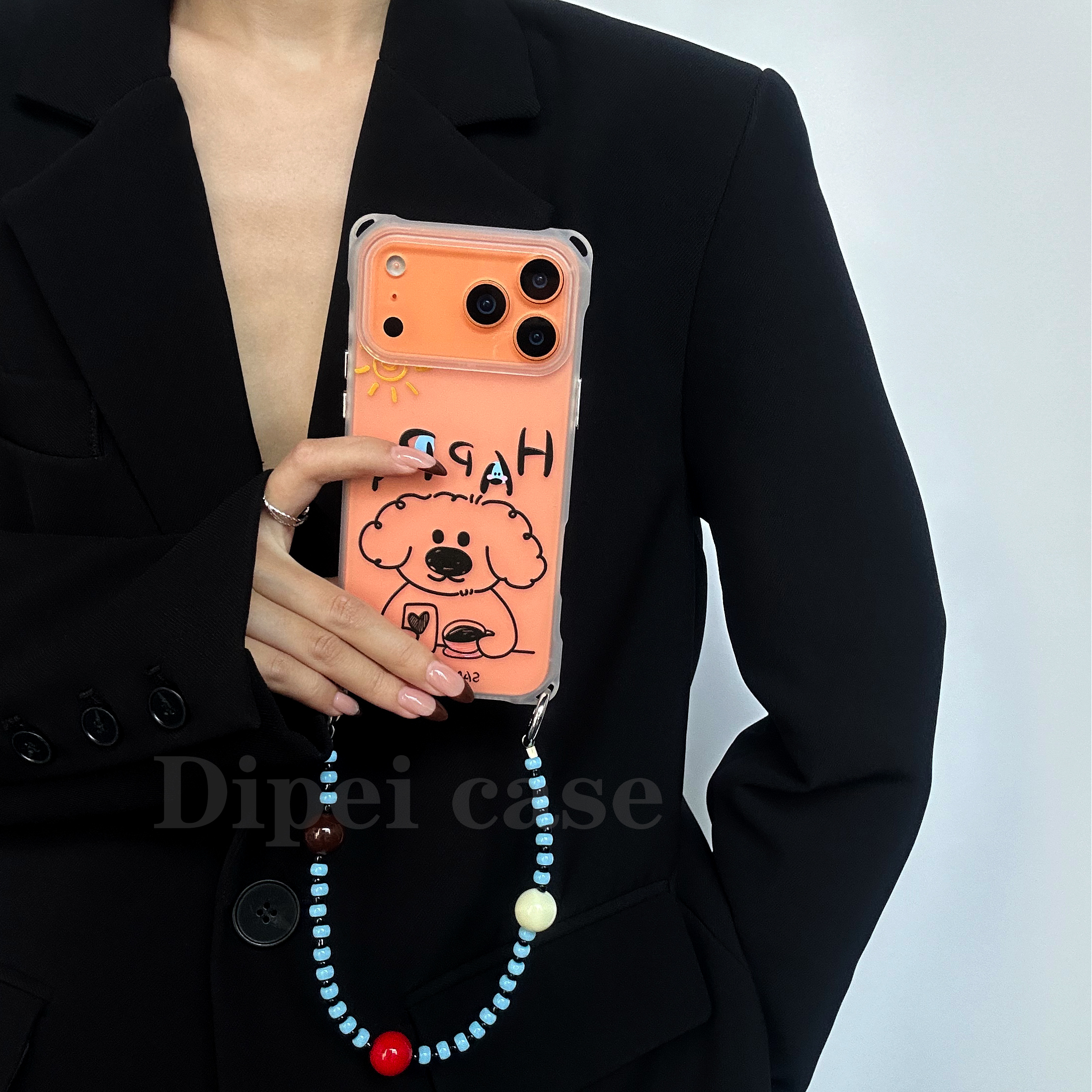 高质透明四角开孔搭链条手机壳