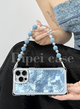 新款珍珠链条手机壳四角开孔手提斜挎适用于苹果16promax华为mate60/pura70/80/nova13小米15ultra女14时尚12