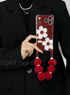 接红运花~毛绒挂绳手机壳17promax斜挎四角开孔防摔适用于苹果iPhone16plus手提15华为mate80pro/70/60新款14