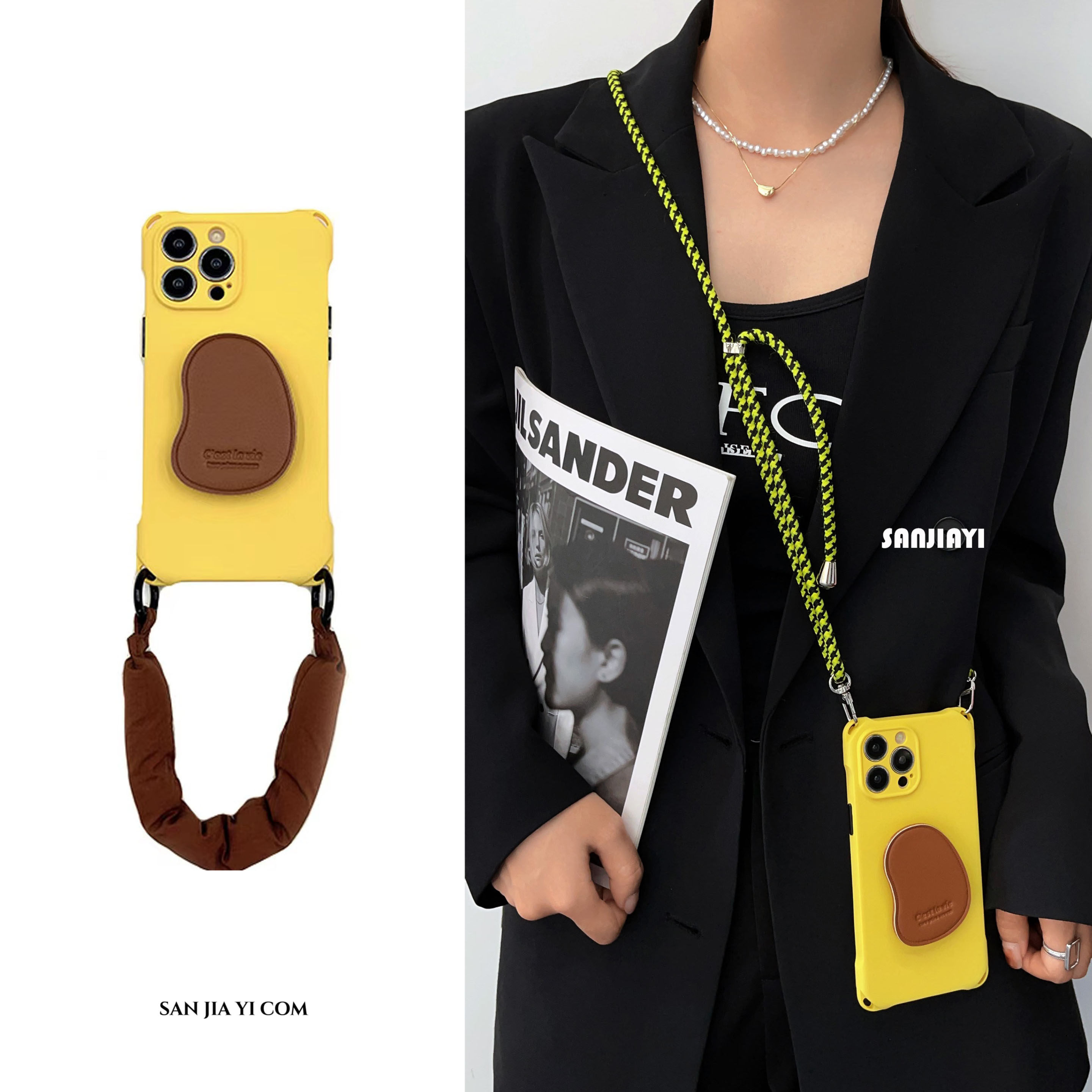 简约质感小鸡黄斜挎手机壳15plus手腕充棉挂绳14适用苹果iPhone13promax全包12防摔11女四孔新款皮质支架小众
