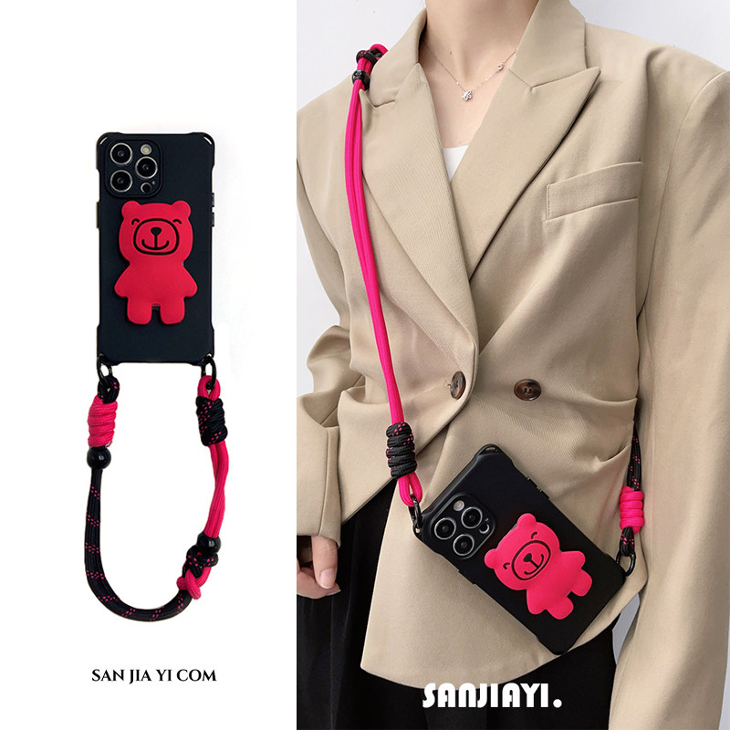 可爱熊翻盖支架挂绳手机壳斜挎