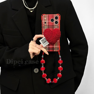 70斜挎小米15女 红意新年 绒心支架手机壳17promax链条四角开孔防摔适用于苹果iPhone16plus华为mate80pro