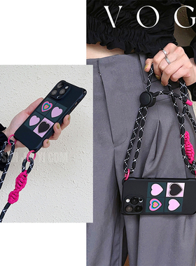 黑色甜酷斜挎苹果14promax手机壳可调节侧背挂绳适用iPhone13全包防摔12四角开孔软壳11手腕棉绳女新款小众