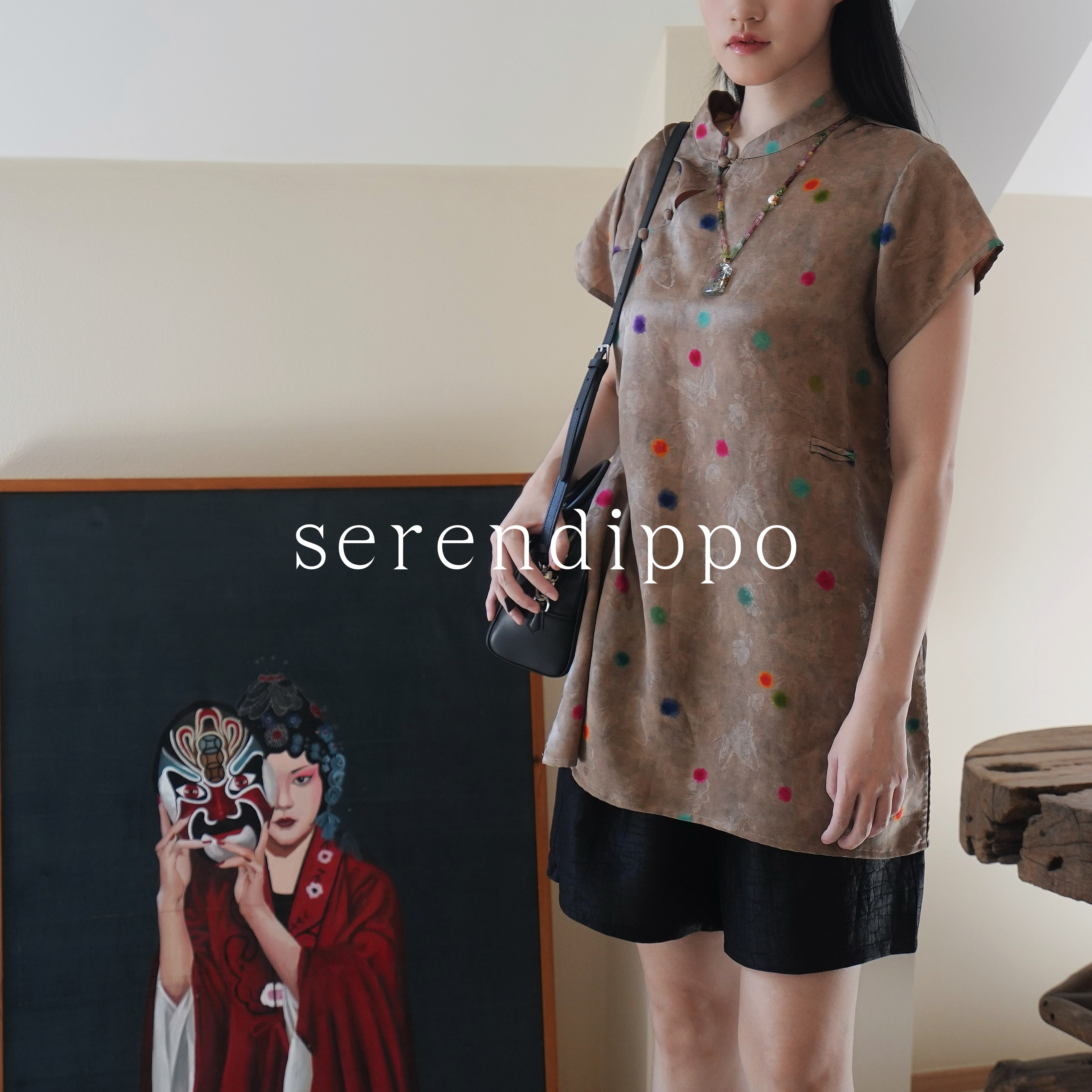 SERENDIPPO「圆点蝴蝶」香云纱花萝100%桑蚕丝奥黛短裙上衣