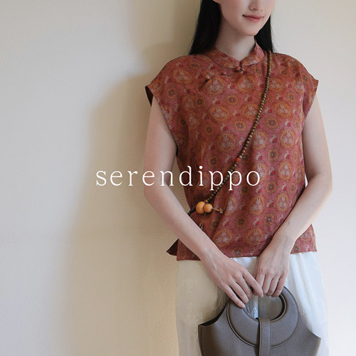 SERENDIPPO「中秋小兔」香云纱花萝100%桑蚕丝无袖立领短上衣