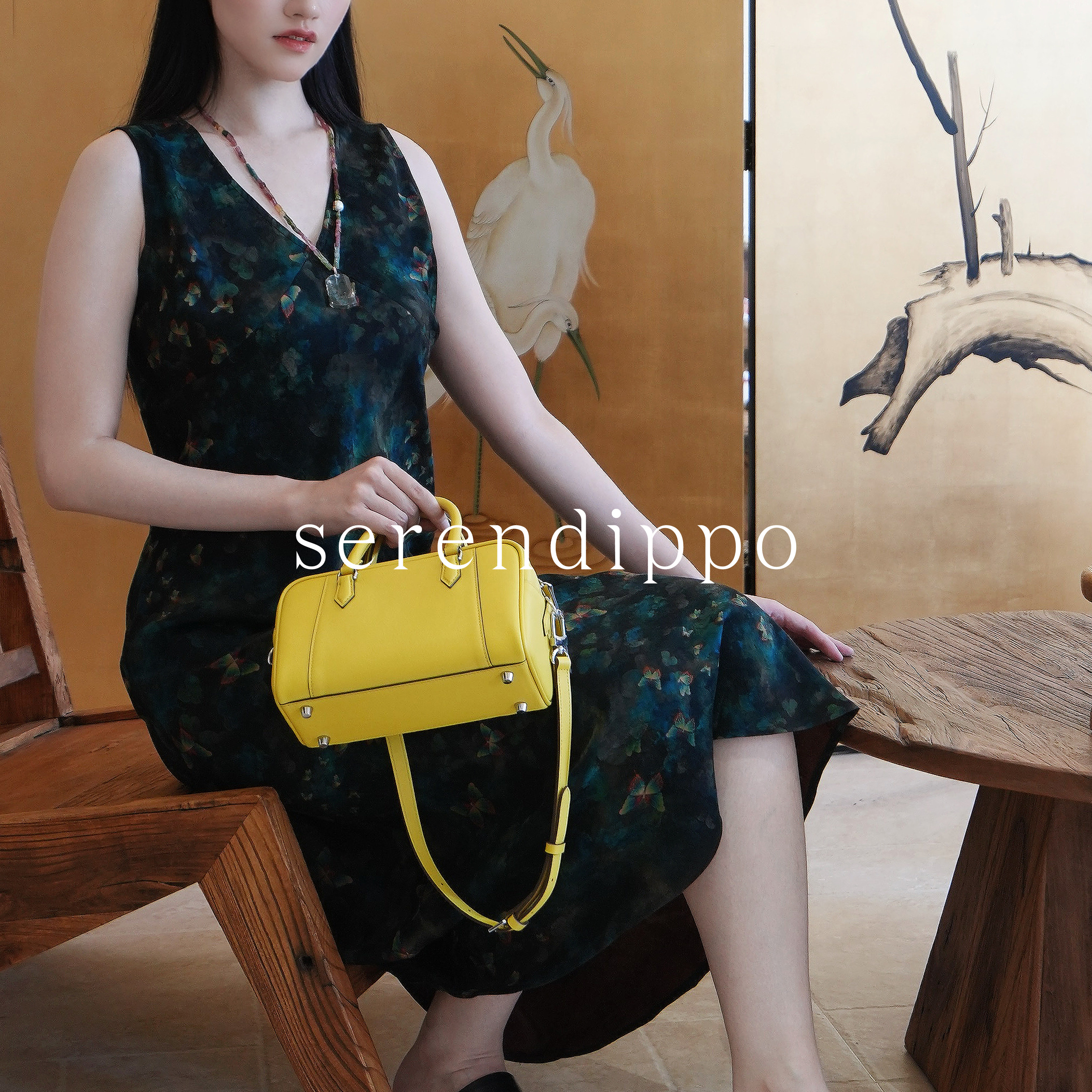 SERENDIPPO灵感之野「蝴蝶花园」香云纱花萝100%桑蚕丝女神连衣裙