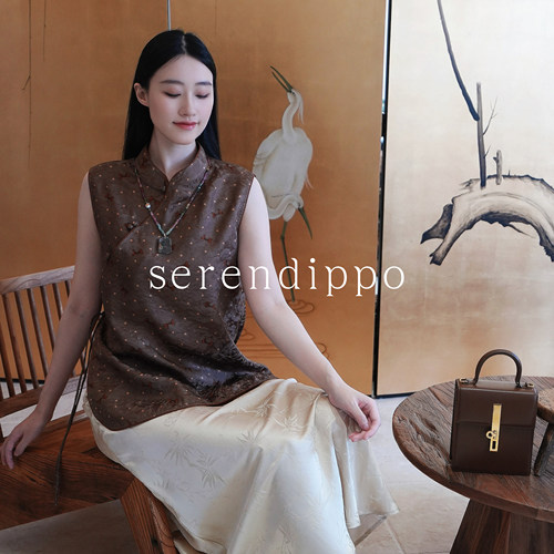 SERENDIPPO灵感之野「礼物」香云纱花萝100%桑蚕丝无袖长上衣