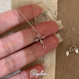 yeylem|天然白水晶十字架马眼切925银项链