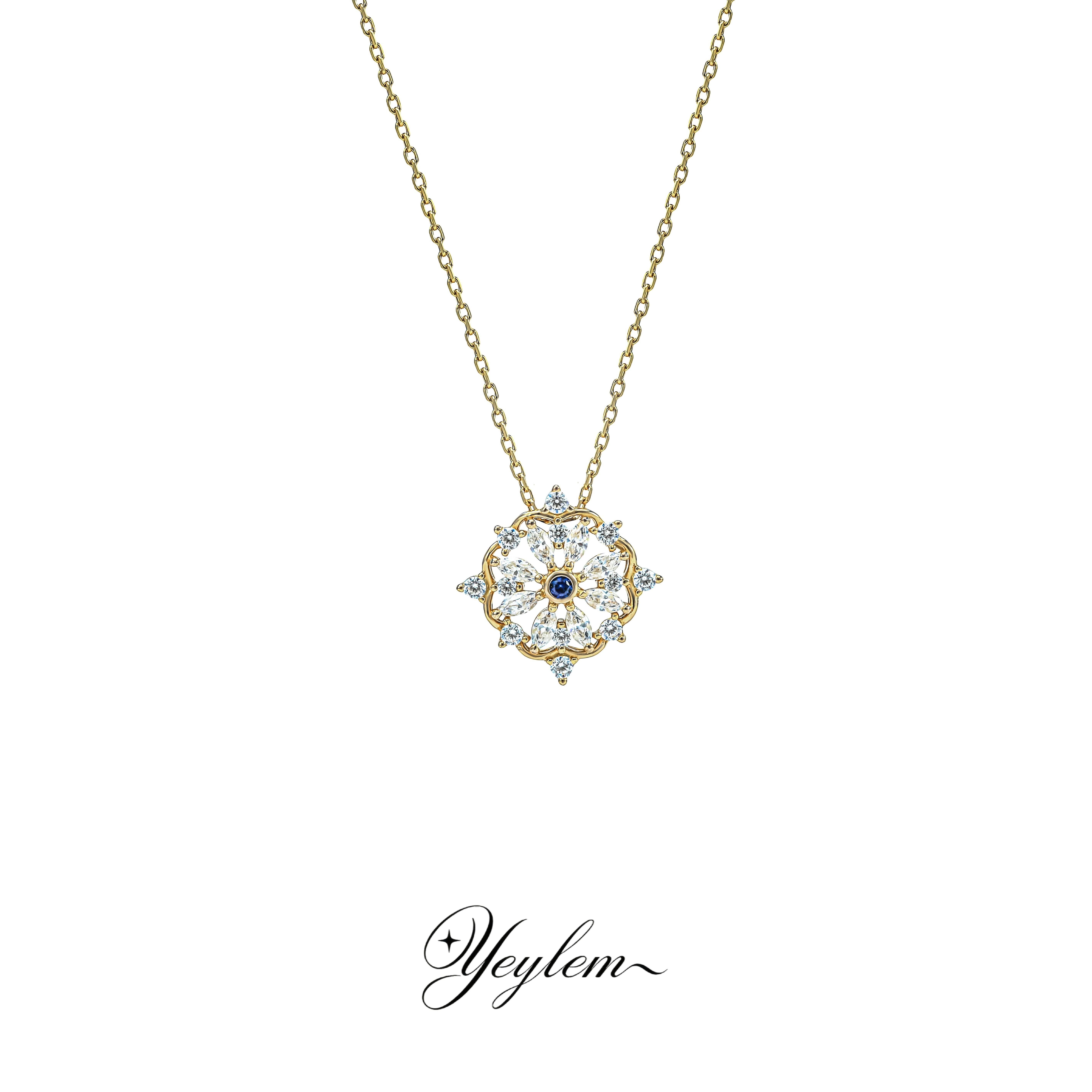 yeylem|菱花叙&middot;日系雪花培育蓝宝复古宫廷风古典925银镀金项链
