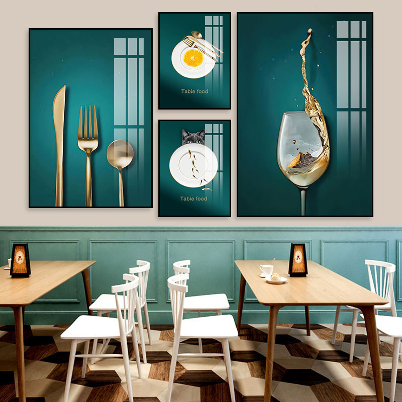 现代简约餐厅装饰画艺术餐具酒杯刀叉鸡蛋咖啡壁画饭厅咖啡厅挂画