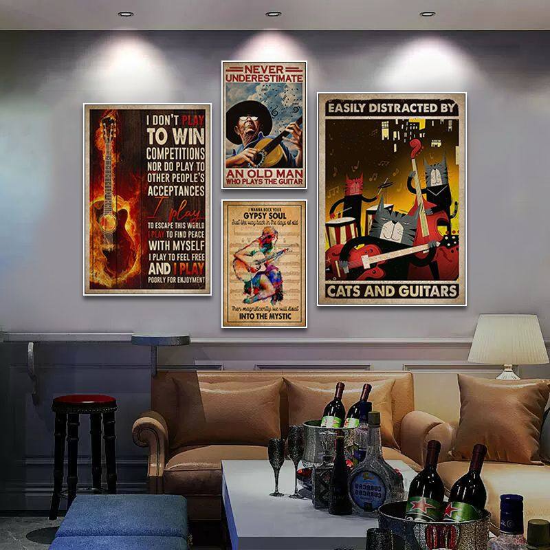美式复古风电吉他装饰画酒吧音乐餐厅墙面挂画客厅书房乐器壁画