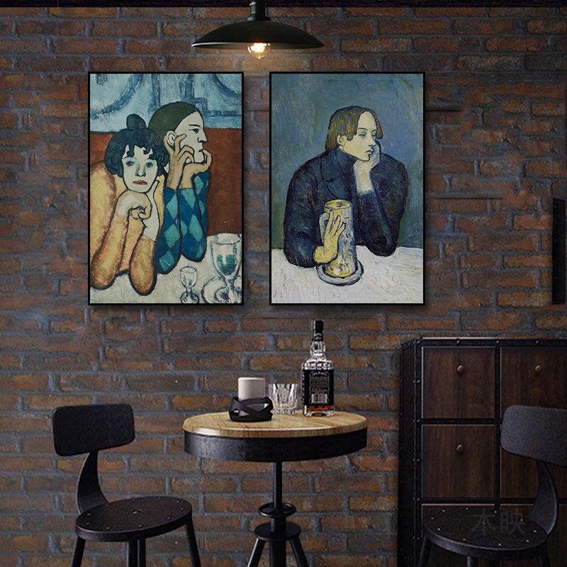 毕加索《喝苦艾酒的人》装饰画复古风酒吧艺术油画西餐厅世界名画