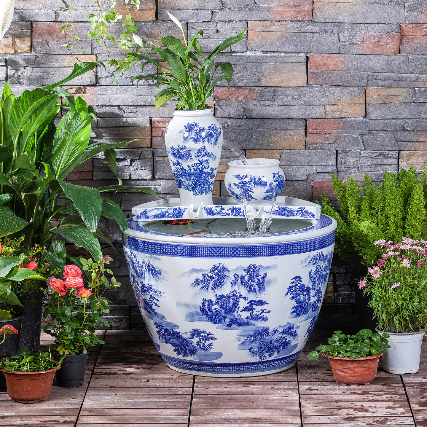 青花瓷水缸生态古法鱼缸客厅阳台金鱼缸瀑布循环流水造景过滤增氧