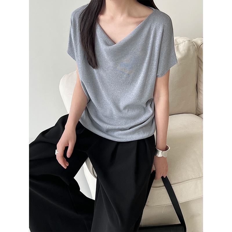 夏安若鹿西 韩系斜肩荡领短袖T恤女夏季新一字领慵懒垂感宽松上衣
