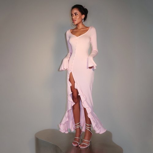 夏安若跨境新款欧美女装性感辣妹修身喇叭袖连衣裙个性单排扣开叉