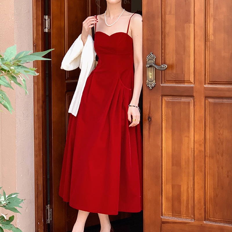 夏安若网红自制法式复古高腰修身吊带丝绒连衣裙春季中长款过膝