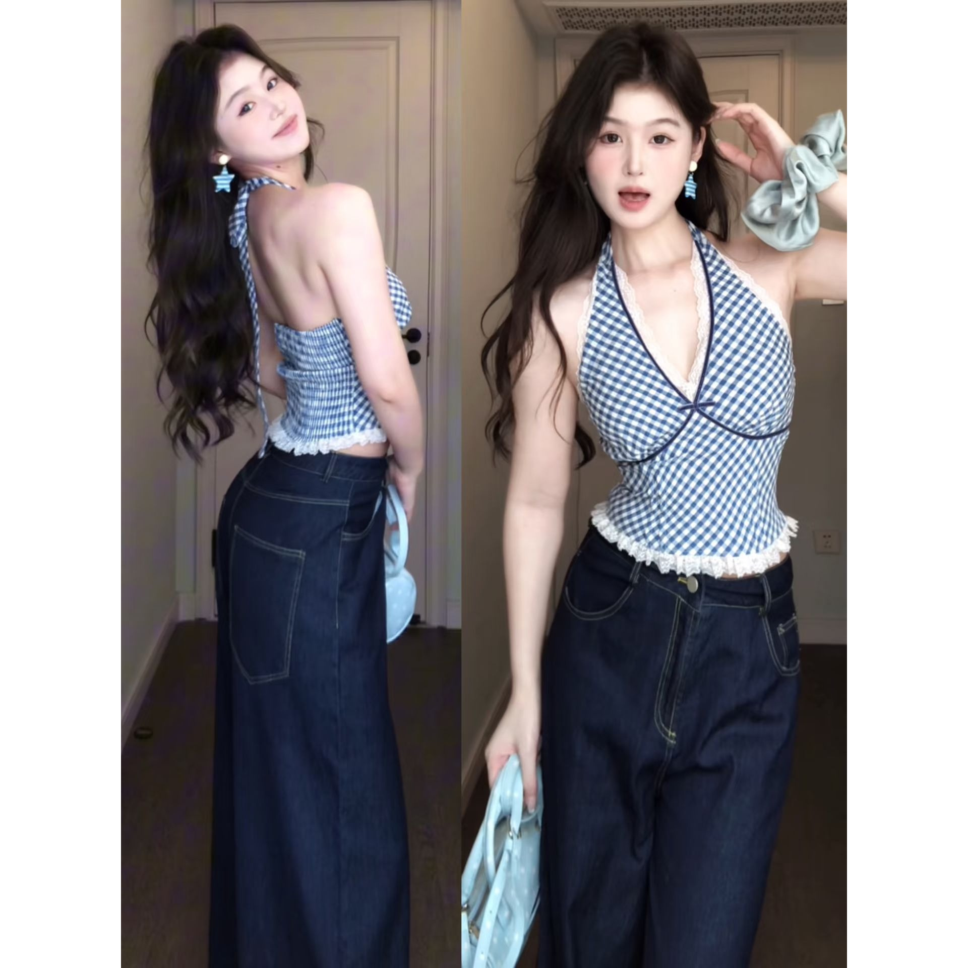 港风蕾丝格纹挂脖吊带背心女夏季露背设计感收腰显瘦外穿无袖上衣