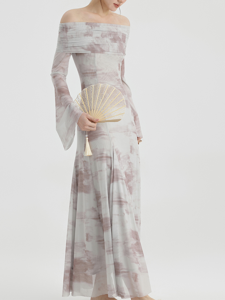 新中式一字肩网纱连衣裙