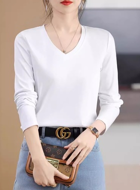 夏安若丝光棉长袖t恤女2024年春夏季宽松圆领v白色打底衫内搭纯色