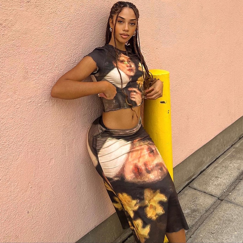 夏安若跨境风紧身裙套装数码印花头像圆领上衣中长款半裙两件套装