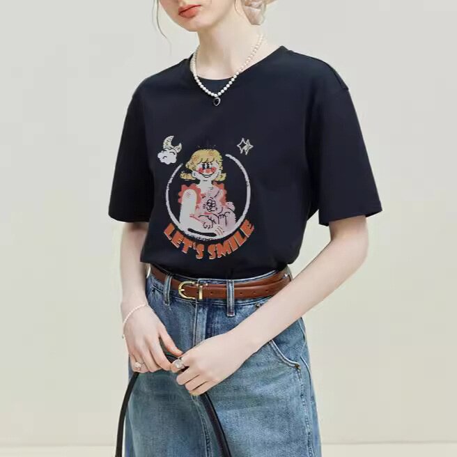 夏安若范思蓝恩 棉宽松印花短袖T恤女夏新款百搭纯色上衣