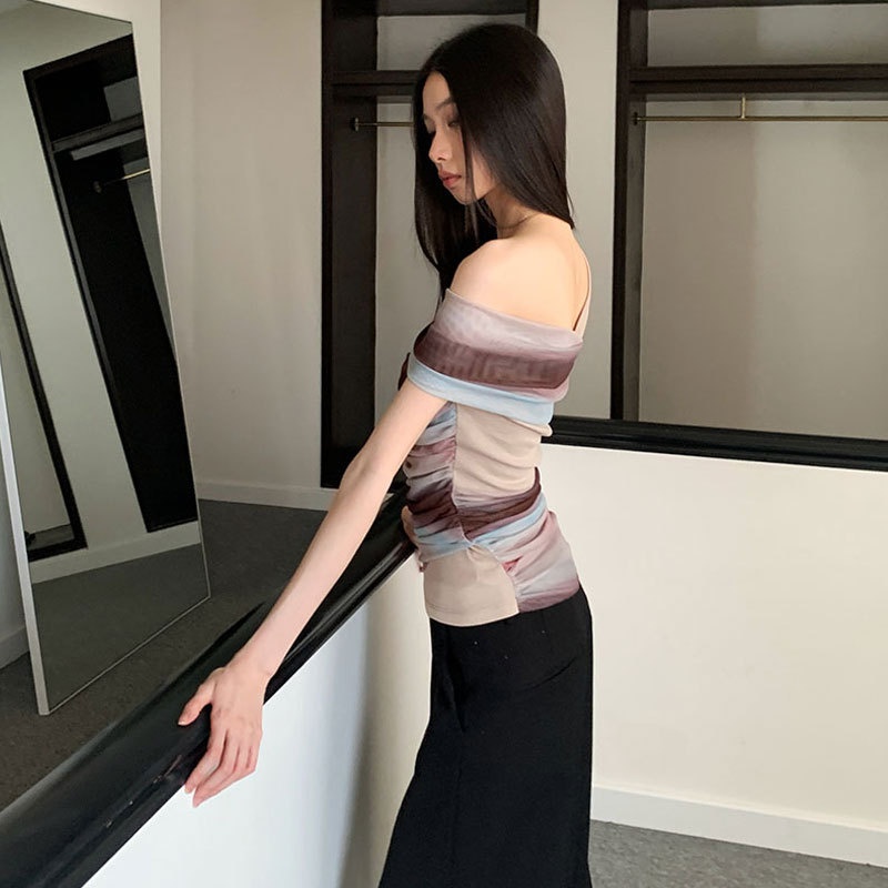 夏安若t恤女设计感小众晕染网纱拼接不规则单肩上衣套头褶皱辣妹