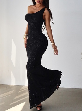 夏安若ZX25327单肩性感露背细闪晚礼服长裙 2025欧美跨境新款辣妹