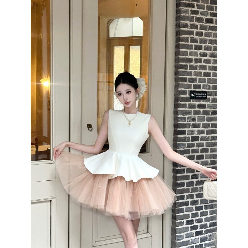夏安若实拍现货芭蕾风无袖圆领拼接网纱蓬蓬裙连衣裙女夏