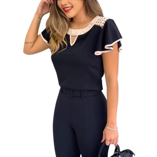 显瘦短袖 夏安若2020跨境WISH欧美新款 温柔风时尚 短款 雪纺上衣 修身