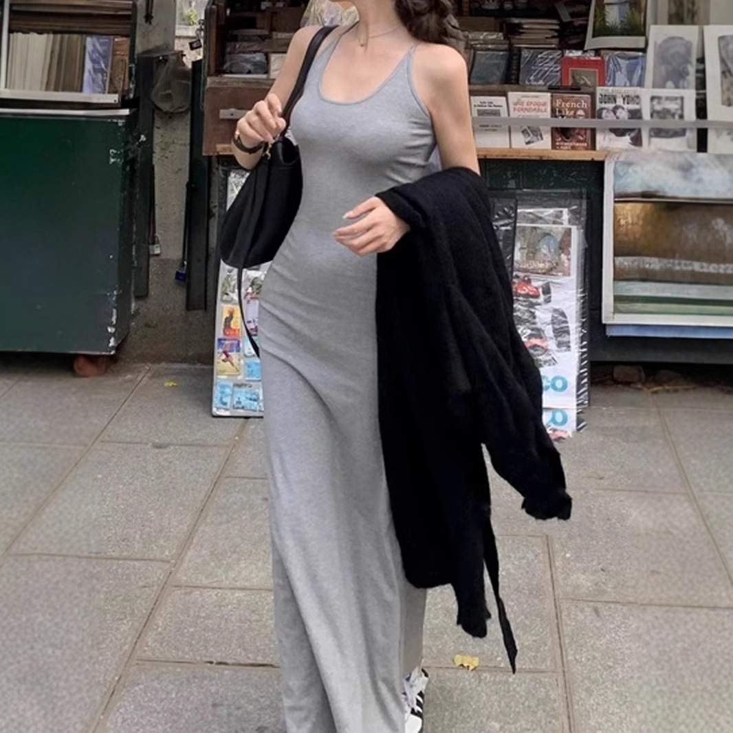 夏安若2025春新款后交叉细带设计显瘦气质吊带长裙女秋季内搭针织