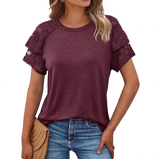 夏安若欧美跨境女装亚马逊FBA精品新款圆领镂空纹理拼接短袖t恤