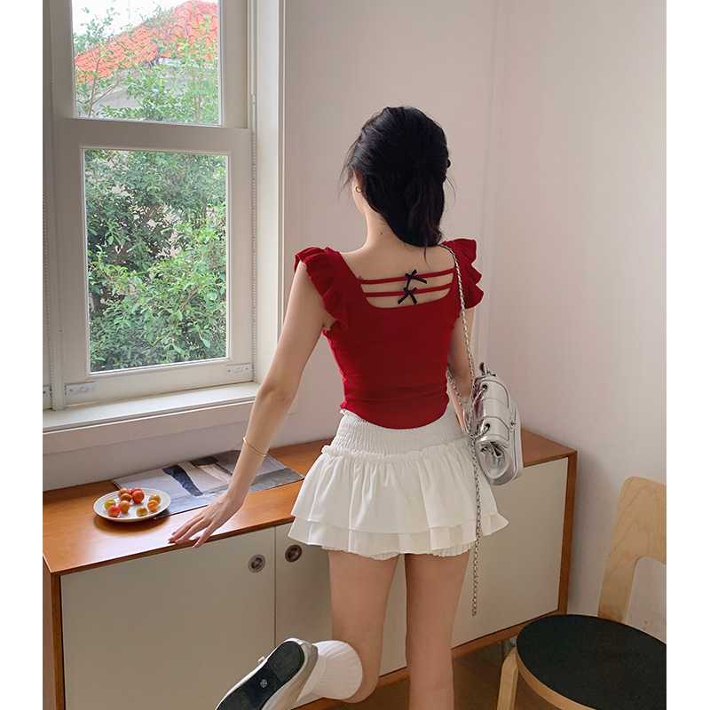 正肩方领花边吊带背心女小众设计感辣妹前后两穿高腰上衣