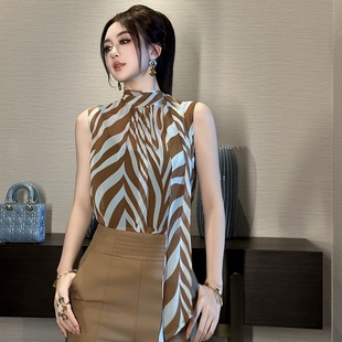 立领气质显瘦无袖 女夏2025新款 雪纺上衣 条纹飘带衬衫 夏安若法式