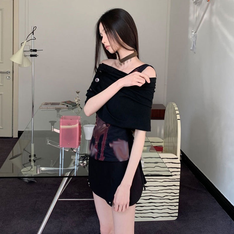 夏安若t恤女设计感小众可拆卸堆堆领斜肩印花修身显瘦辣妹针织