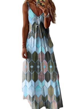 夏安若2023欧美亚马逊wish跨境女装 夏季性感印花吊带背心连衣