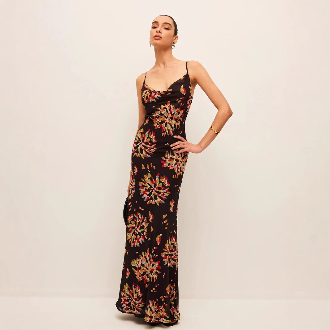 夏安若欧美2025秋冬新款亚马逊吊带印花V领连体裤短袖女装收腰