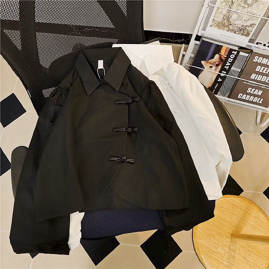 夏安若实拍长袖新中式复古国风旗袍衬衫女短款POLO衫盘扣上衣