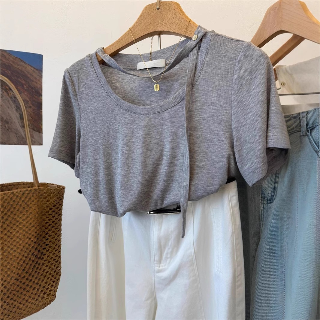 夏安若MUYANG 酥服~80天丝20羊毛 一粒扣绑带设计糯糯亲肤短袖T恤