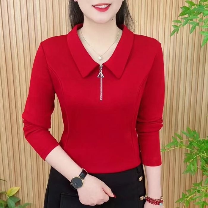 夏安若翻领新款长袖恤打底时尚春秋拉链纯色气质洋气休闲t恤潮