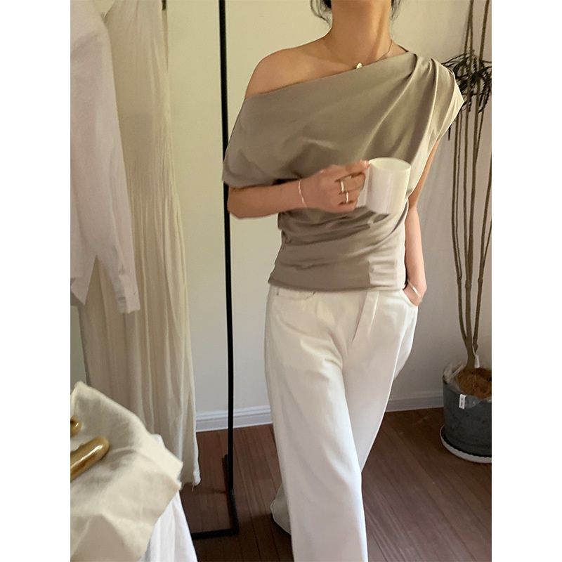 夏安若爱与南希十三行2025夏季斜肩立体抽褶修身设计感短袖T恤女