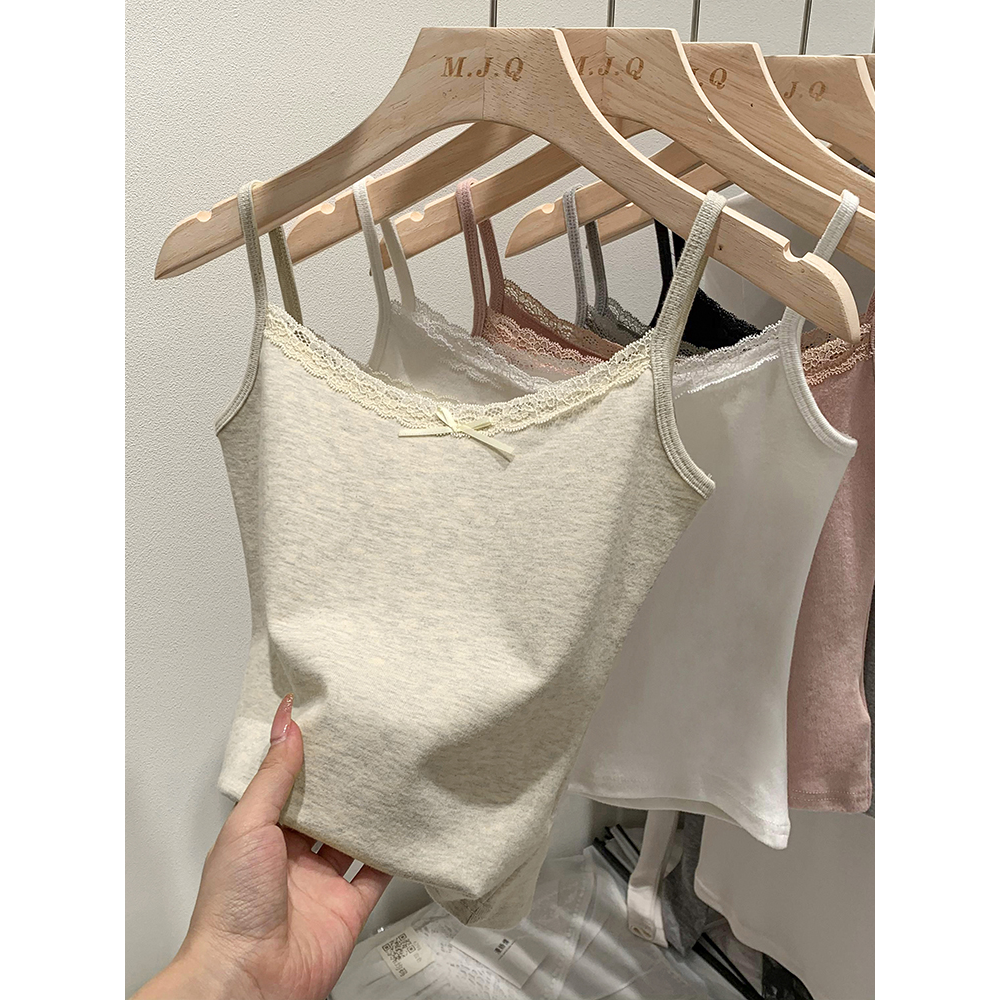 法式白色新款蕾丝无袖蝴蝶结吊带内搭上衣修身显瘦纯欲吊带女外穿