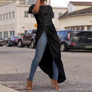 夏安若2020 跨境新款欧美独立站 圆领纯色短袖宽松不对称下摆