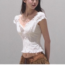 夏安若OAKMOO 全棉气质显瘦显白上衣T恤衬衫镂空度假时髦百搭显瘦