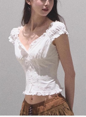 夏安若OAKMOO 全棉气质显瘦显白上衣T恤衬衫镂空度假时髦百搭显瘦