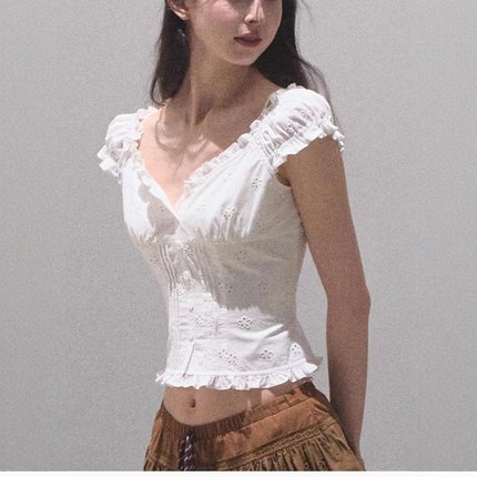 夏安若OAKMOO 全棉气质显瘦显白上衣T恤衬衫镂空度假时髦百搭显瘦