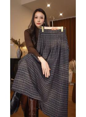 1220复古百搭格文压褶毛呢半身裙女2025秋冬高腰A字显瘦垂坠感