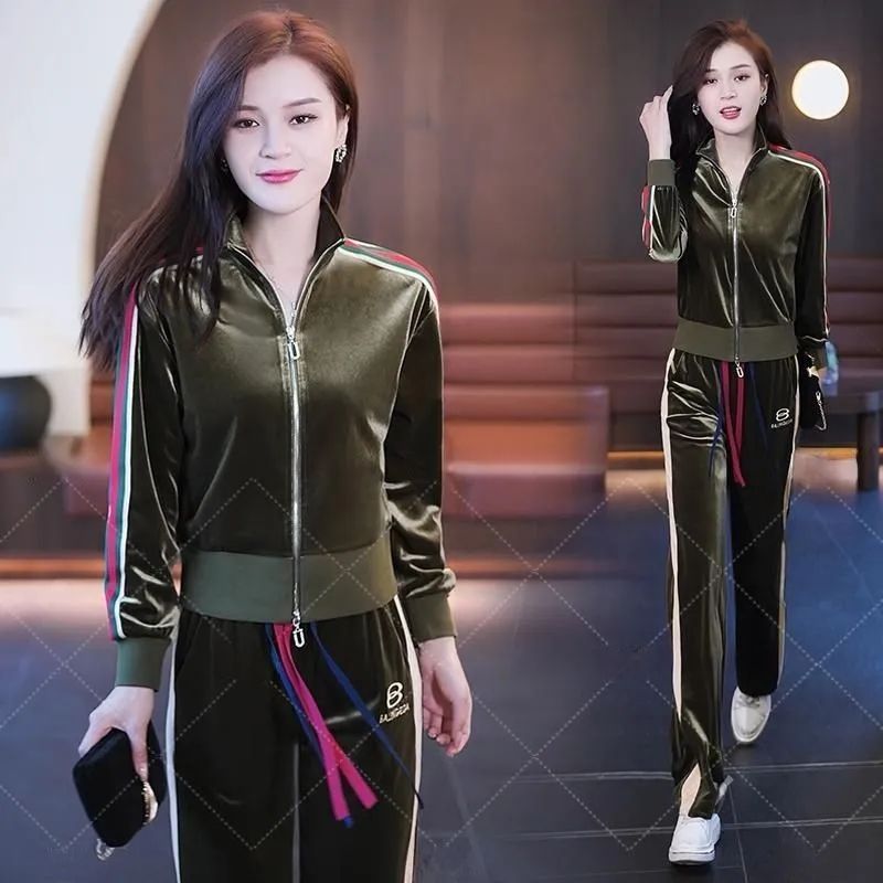 金丝绒套装女高端女人味春秋时尚洋气薄绒运动服卫衣阔腿裤两件套