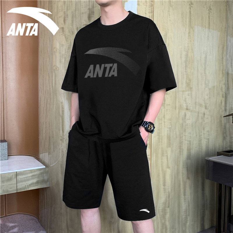 安踏运动套装男款透气健身服夏季黑色短袖t恤五分裤子跑步两件套