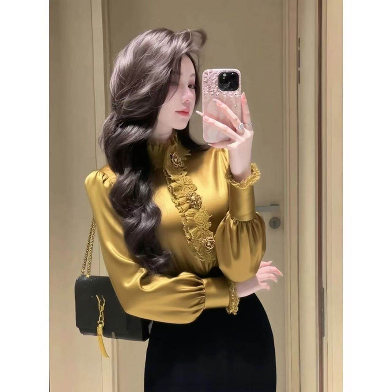 香槟金立体花朵衬衫女装2026秋冬小众不撞款优雅漂亮显瘦内搭衬衣